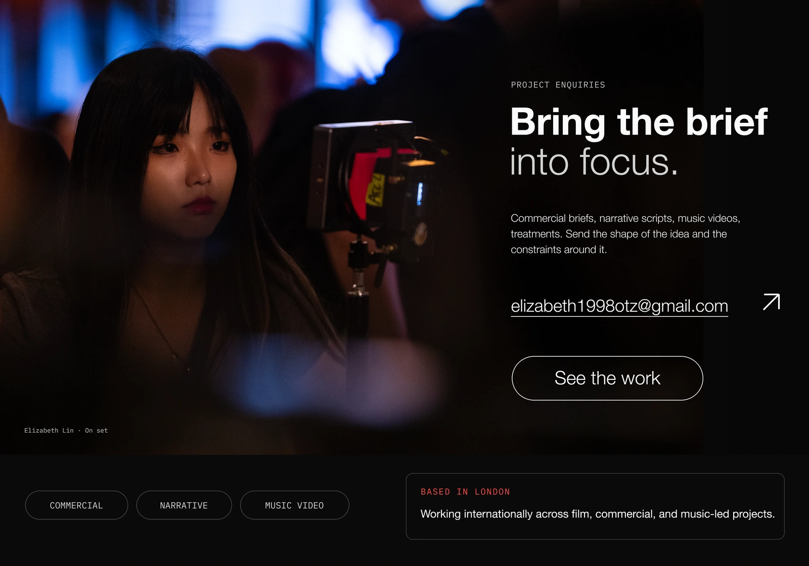 Elizabeth Lin working on set, with project enquiry information on the right.